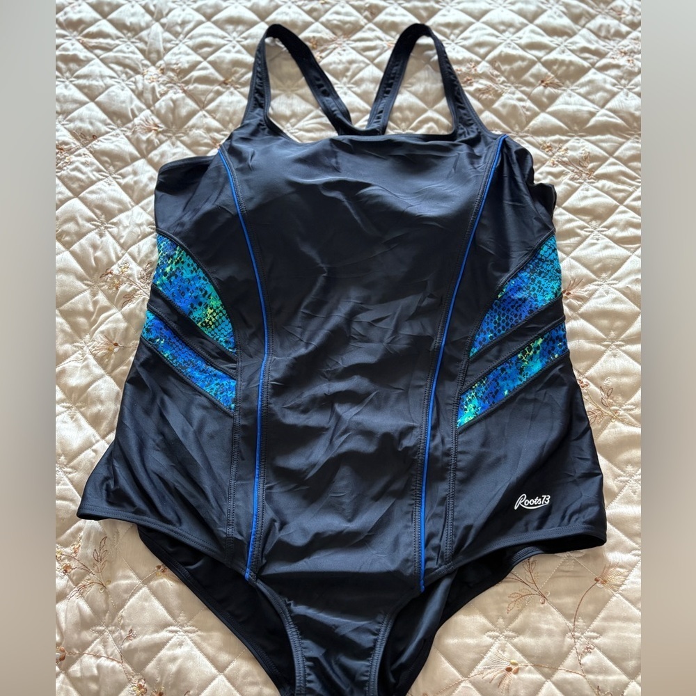 Roots Black and Blue One-Piece Swimsuit Sporty Design Size 18